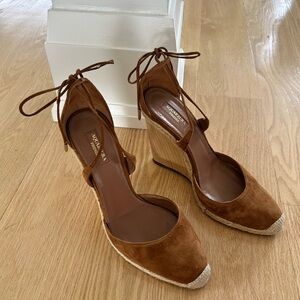 AQUAZZURA Brown Suede Espadrille Wedge Pumps with Ankle Tie
